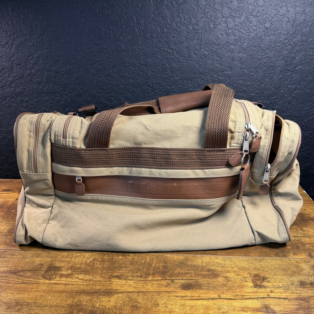 Ford Motors Vintage Logo Tan Canvas Leather Trim Duffel Travel Bag Large Mens